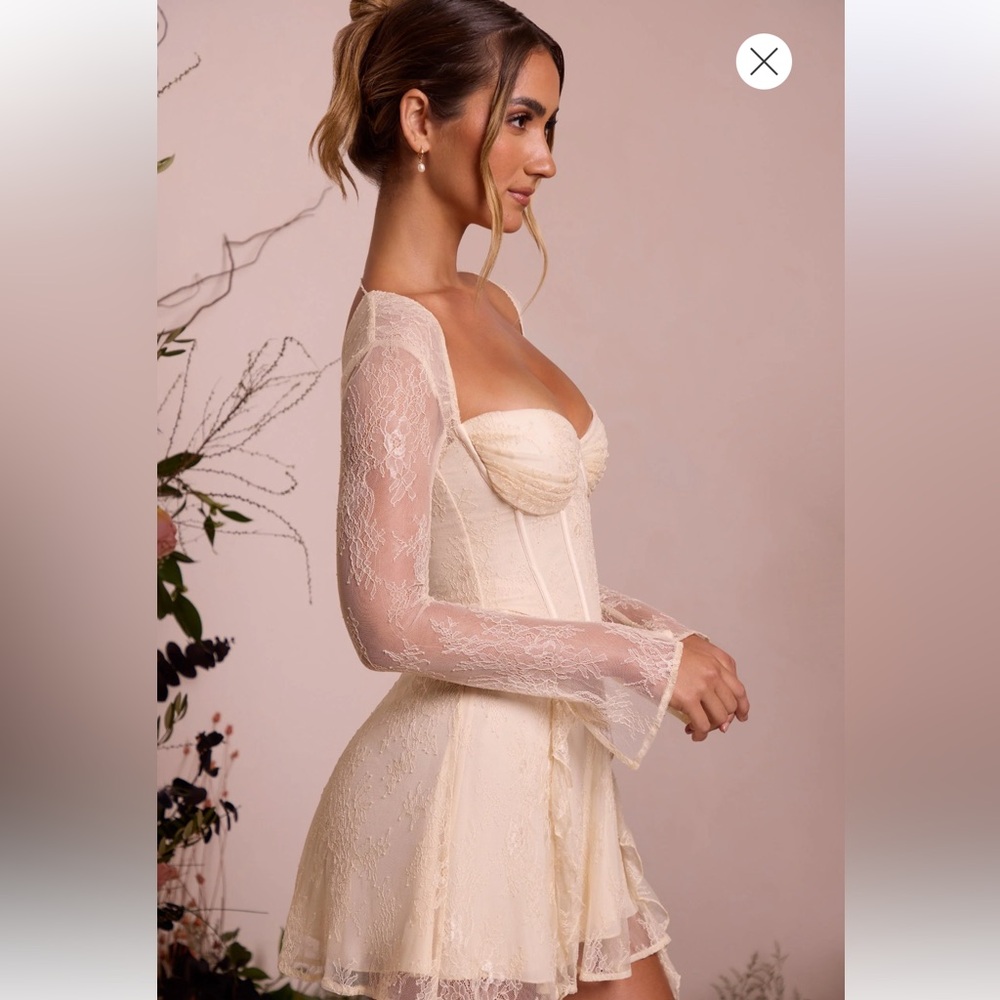 Long Sleeve Lace Corset Mini Dress in Ivory — 2 / Plus Cup